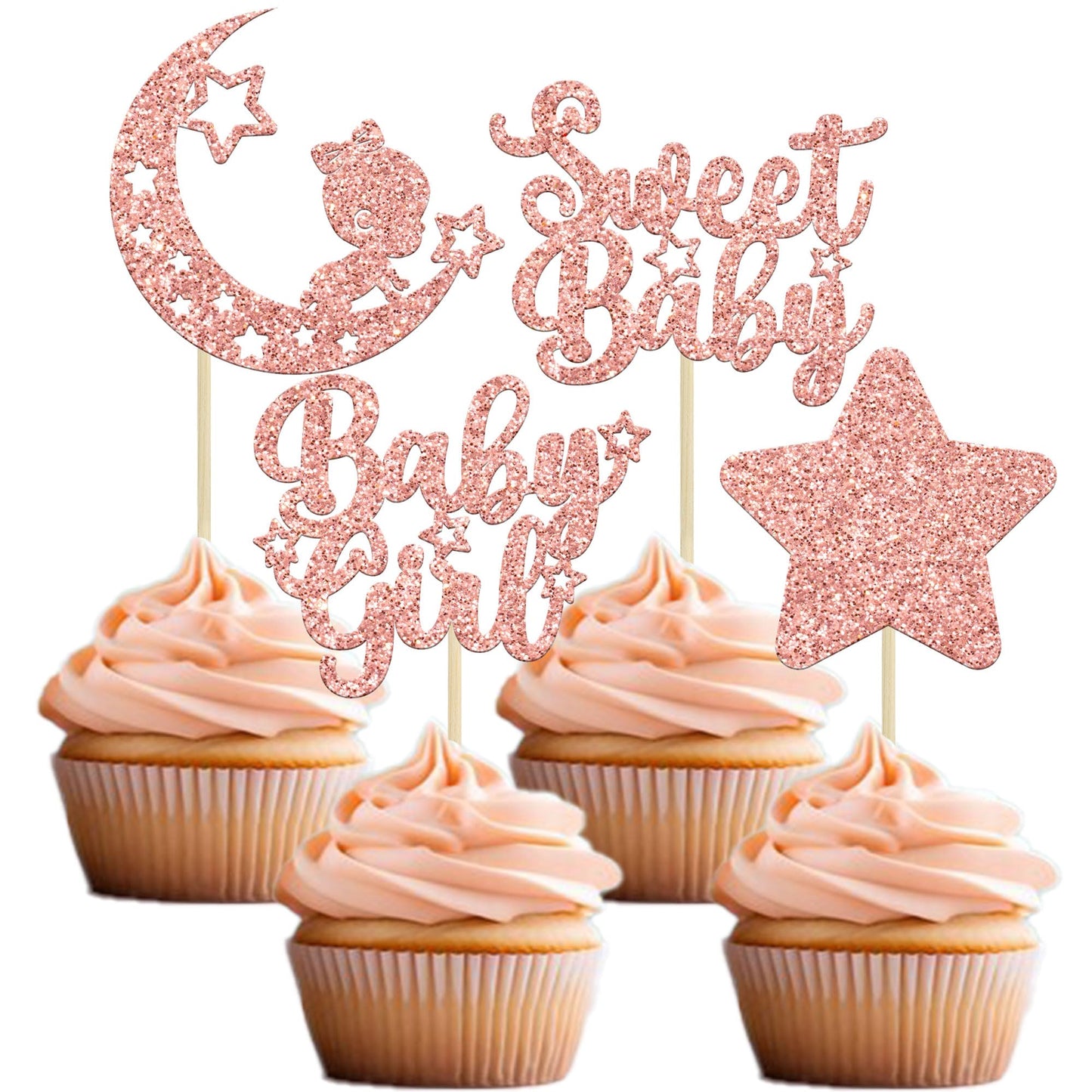 Gyufise 24Pcs Rose Gold Baby Girl Cupcake Toppers Glitter Star Moon Baby Shower Gender Reveal Cupcake Picks Baby Shower Kids Girls Birthday Party Cake Decorations Supplies