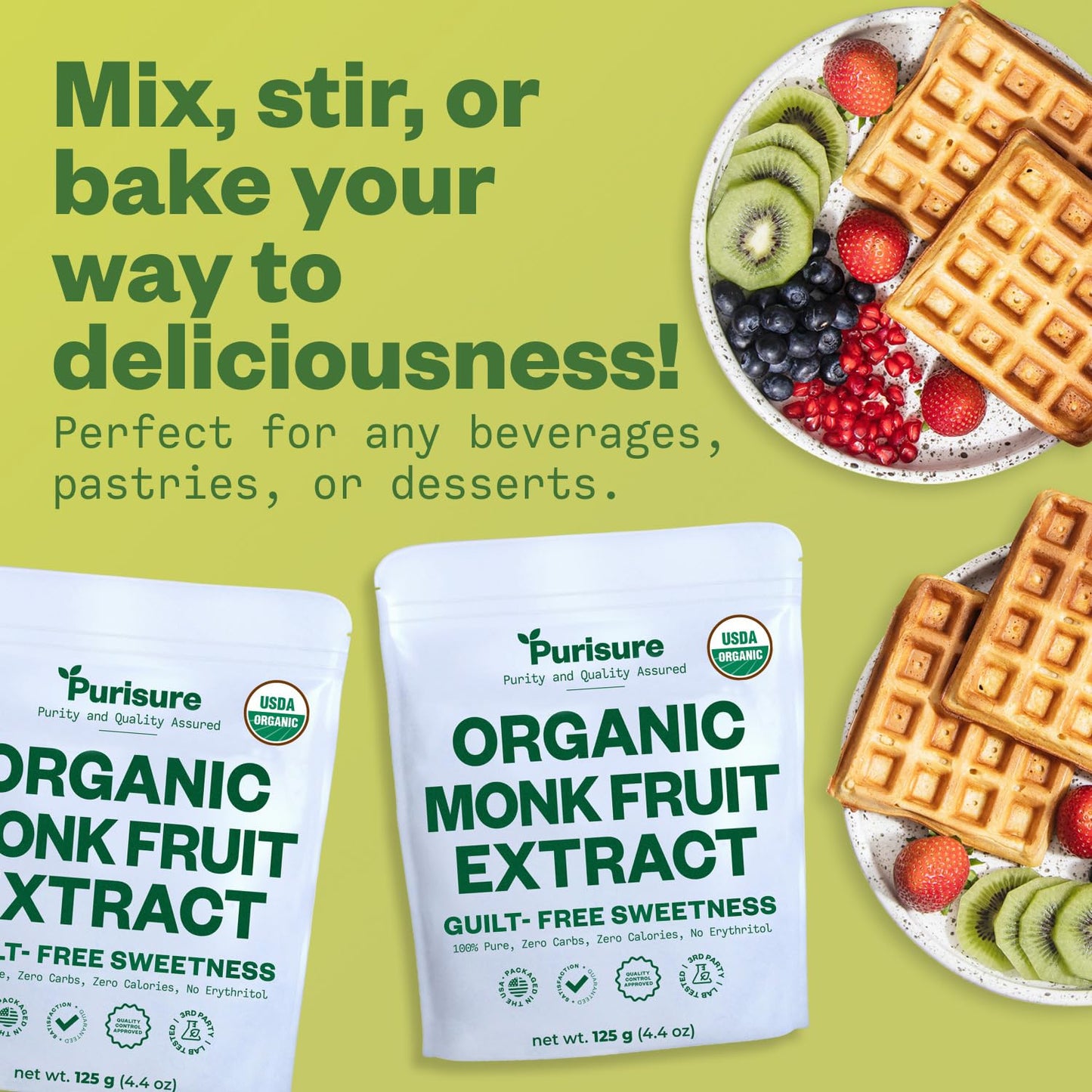 Purisure Organic Monk Fruit Sweetener, 125g (4.41oz), Zero Calorie, Keto & Paleo Friendly, Pure USDA Organic Extract