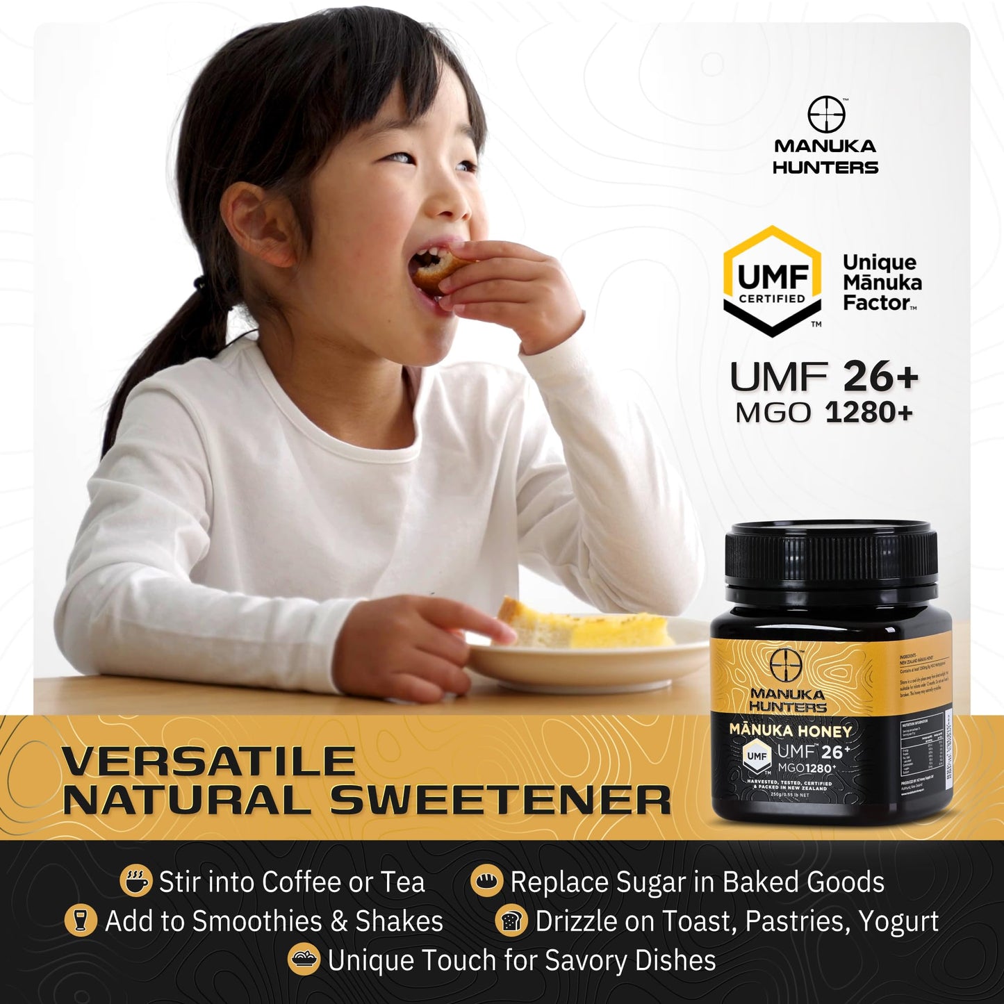 Manuka Hunters Manuka Honey UMF 26+/MGO 1280+ 100% Pure Natural Sweetener 8.8oz/250g Jar Gluten & Dairy Free