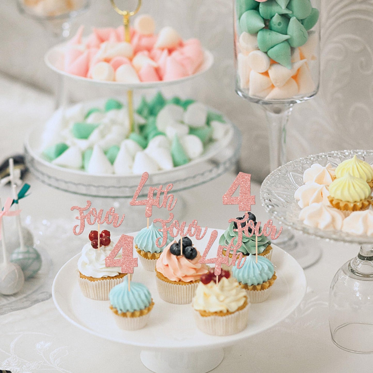 24 Pcs Four Cupcake Toppers Glitter 4Th Birthday Cupcake Picks Number 4 Cupcake Decorations For Baby Shower Kids 4Th Birthday An