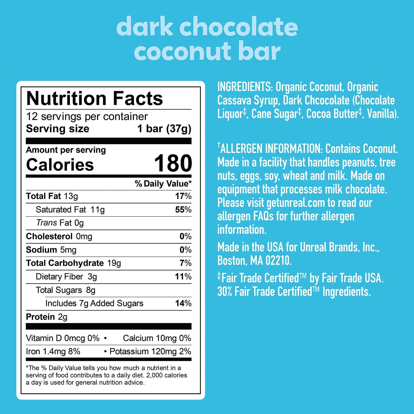 Unreal Dark Chocolate Coconut Bars | Certified Vegan, Gluten Free, Fair Trade, Non-Gmo | No Sugar Alcohols Or Soy 1.3 Oz (Pack O