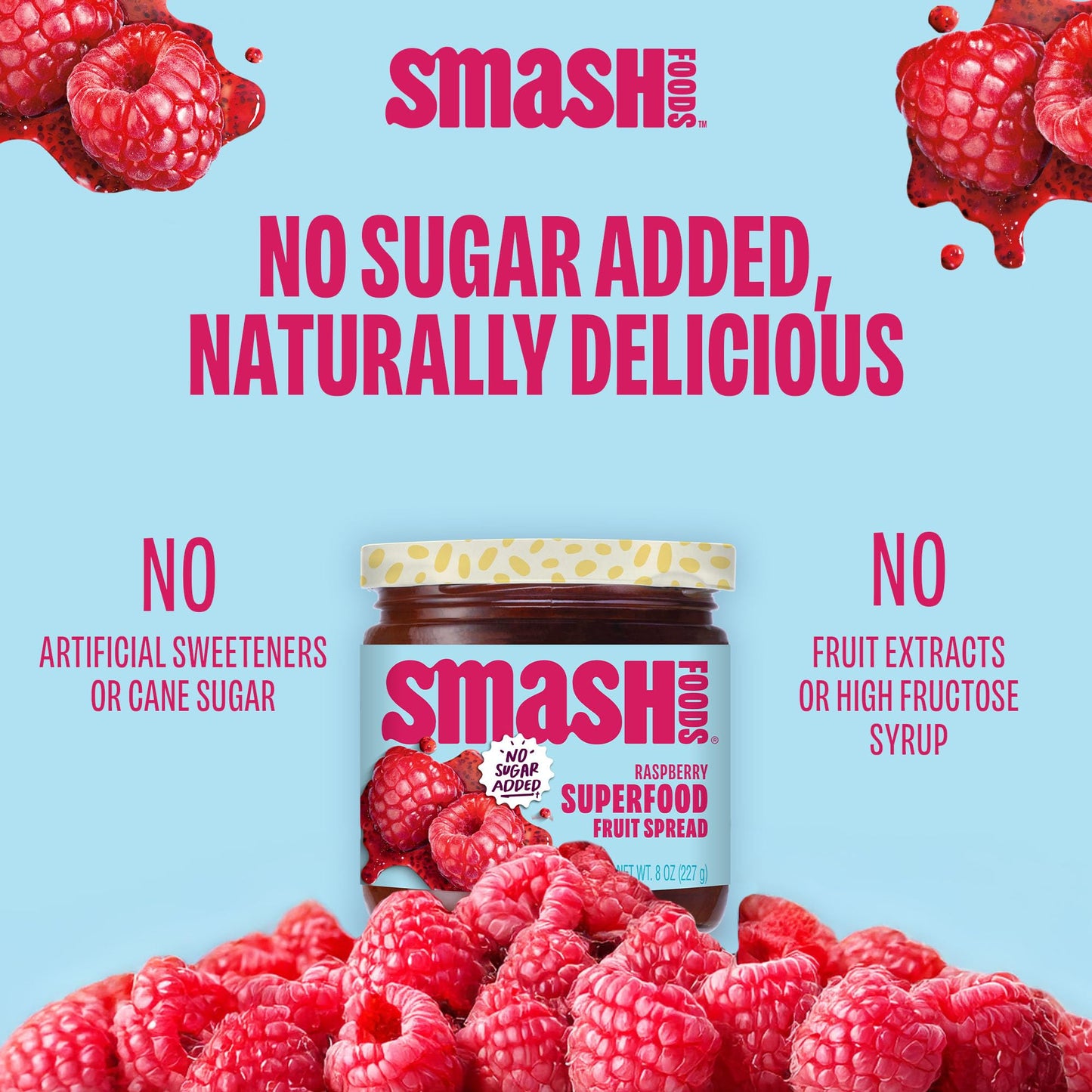 Chia Smash Raspberry Jam - No Sugar Added, Keto Friendly, Vegan - 6 Jars, 8oz