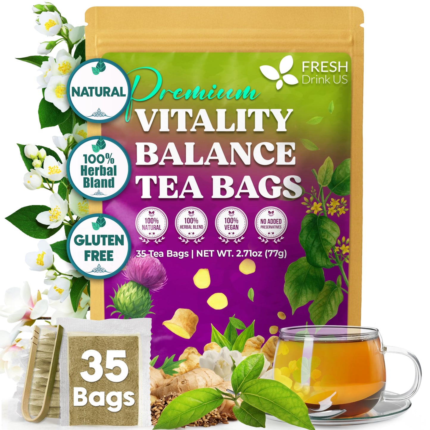 Freshdrinkus Vitality Balance Tea Bags | 30 Count | Herbal Blend With Gymnema Milk Thistle Seed Fenugreek Dandelion Root Flavor Blendger Orange Peel & Other Herbs - 100% Natural Energy Blend-Free Herbal Tea