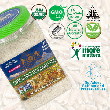 Golden Crown Organic White Basmati Rices - 32 Oz (2Lb), Premium Quality Gluten-Free, Kosher & Halal Kitchen Rice, Naturally Aged