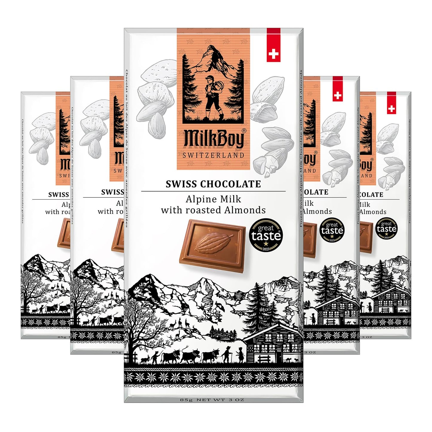 Milkboy Swiss Chocolates Almond Chocolate Bars - Top-Grade Swiss Alpine Milk Chocolate With Almonds - All Natural Gluten-Free Non-Gmo - Made In Switzerland Kosher - 3 Oz Pack 5
