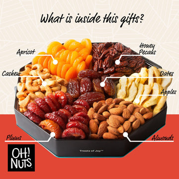 Oh! Nuts Dried Fruit and Nuts Gift Basket - 7 Variety Gift Tin Box - Healthy Snack for Birthday, Anniversary, Corporate - Hexagon Design