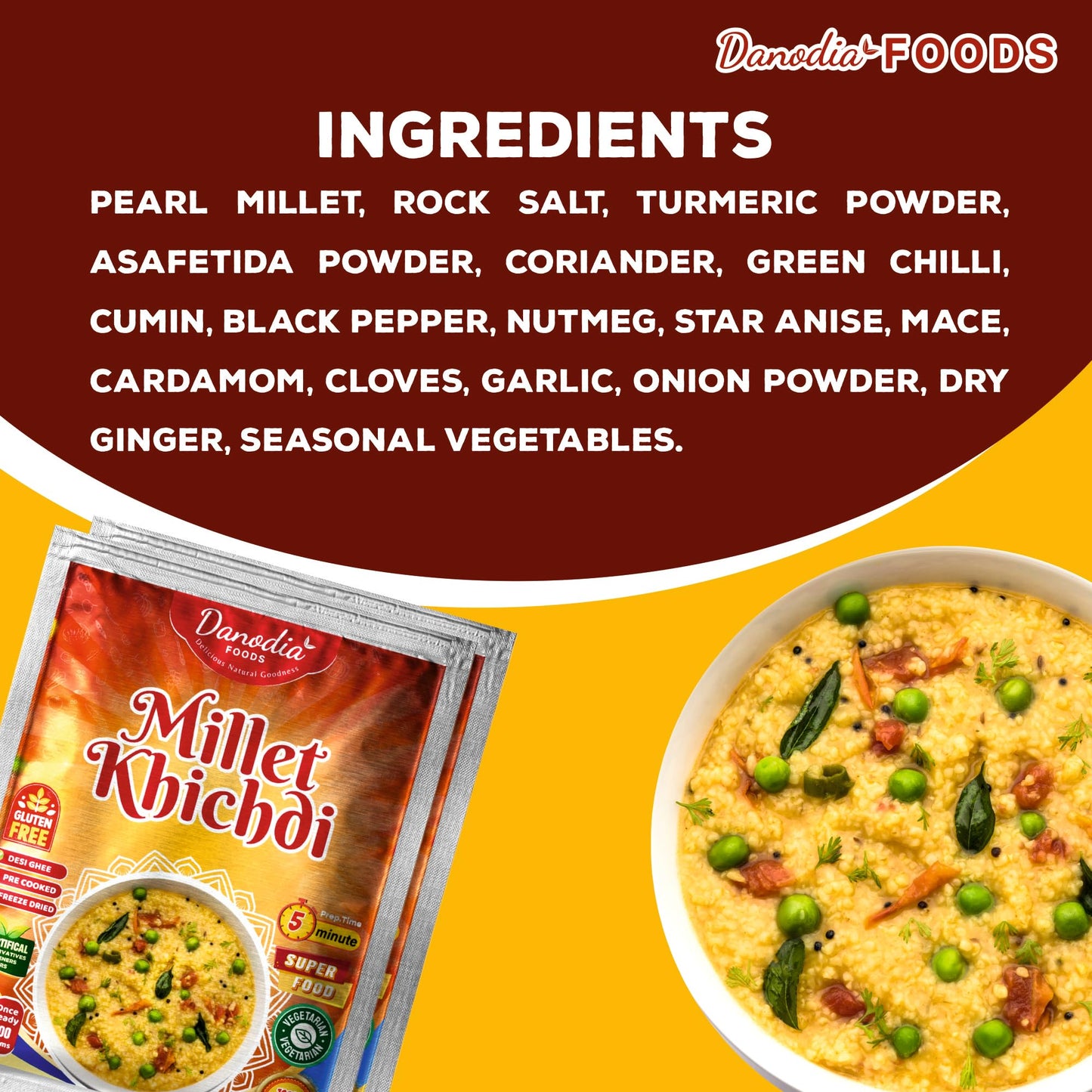 Danodia Foods Ready-To-Make Pearl Millet Khichdi, Pre-Cooked & Freeze-Dried (4Oz) | Instant Meal, Just Add Hot Water | Made With
