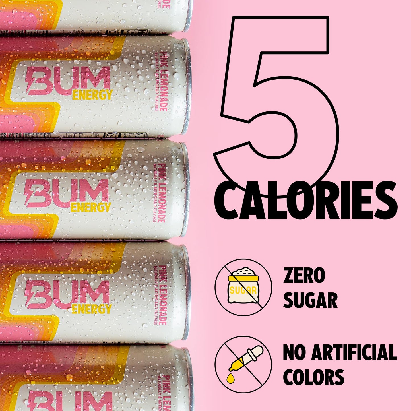 Bum Energy Sugar-Free Energy Drink, Pink Lemonade, Lightly Carbonated, 12 oz, Pack of 12