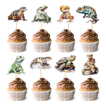 Ercadio 32 Pcs Reptiles Cupcake Toppers Chameleon Lizard Snake Alligator Turtle Cupcake Pick Decorations for Reptiles Theme Baby