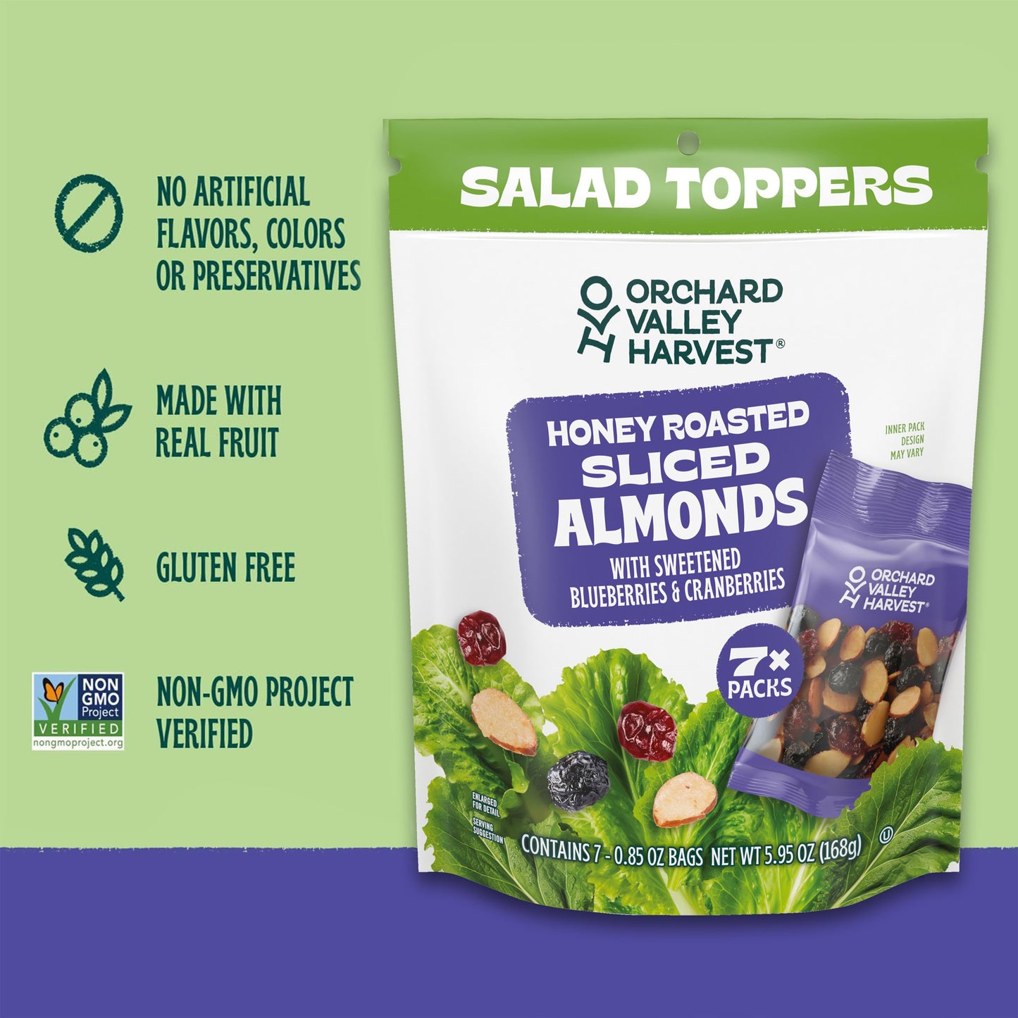 Orchard Valley Harvest Salad Toppers Honey Roasted Sliced Almonds With Sweetened Blueberries & Cranberries, 0.85 Oz (Pack Of 7) Resealable Bag, Gluten Free, Made With Real Fruit, No Artificial Colors