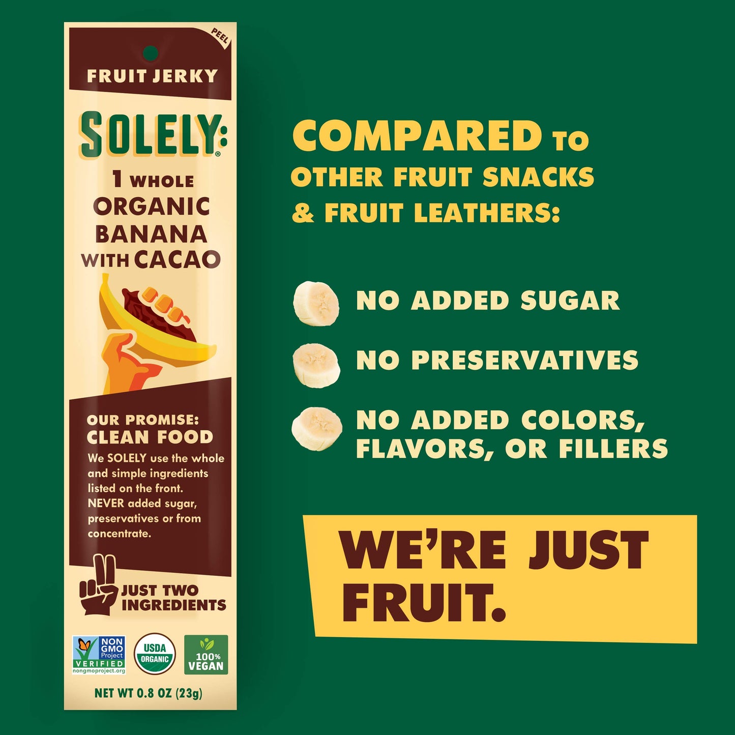 SOLELY Organic Banana Chocolate Drizzled Fruit Jerky - 0.8oz Vegan Snack - Individually Wrapped Dried Fruit Strip