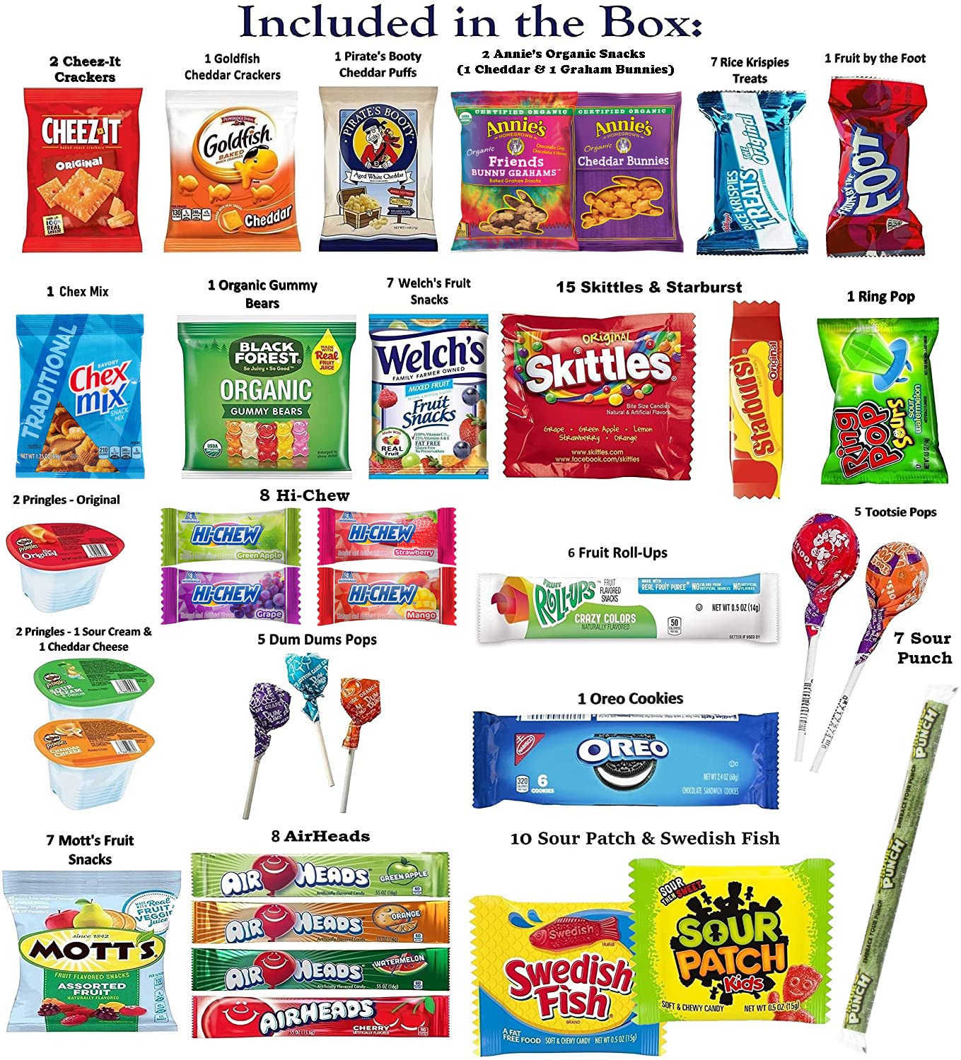 Foxy Fane 100 count Snack Box - Ultimate Gift Basket with Variety Assortment of Crackers, Cookies, Candy & Chips - Bulk Bundle o