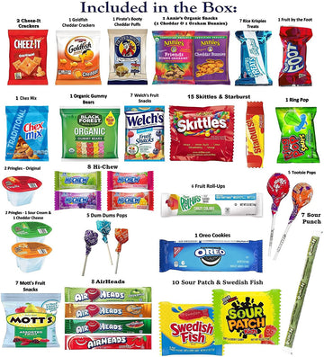 Foxy Fane 100 count Snack Box - Ultimate Gift Basket with Variety Assortment of Crackers, Cookies, Candy & Chips - Bulk Bundle o