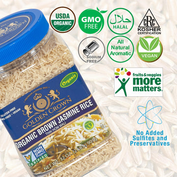 Golden Crown Organic Brown Jasmine Rice - 32 Oz (2Lb), Naturally Aged Halal + Kosher, Extra Long Aromatic Tasty And Delicious Fl