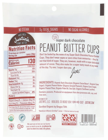 Justins Organic Super Dark Chocolate Peanut Butter Cups, 4.2 Oz