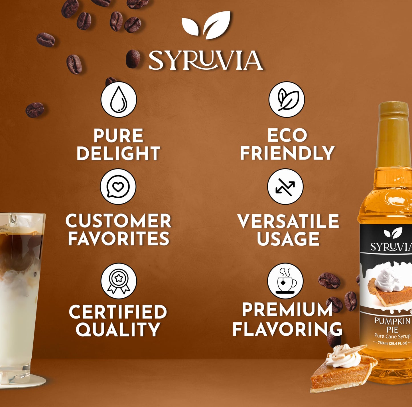 Syruvia Pumpkin Pie Syrup - Pumpkin Pie Coffee Syrup Flavor, 25.4 Fl Oz, Kosher, Gluten Free, Perfect For Coffee, Drinks, Soda,