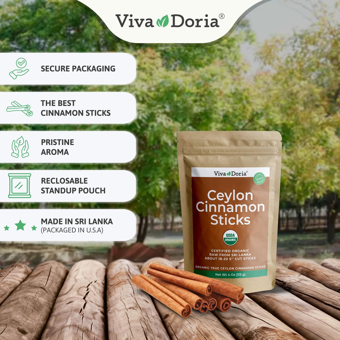 Viva Doria Organic Ceylon Cinnamon Sticks, 5'' Cut, Cinnamomum Zeylanicum, True Cinnamon, 4 Oz, | 18-20 Sticks | 100% Raw From S