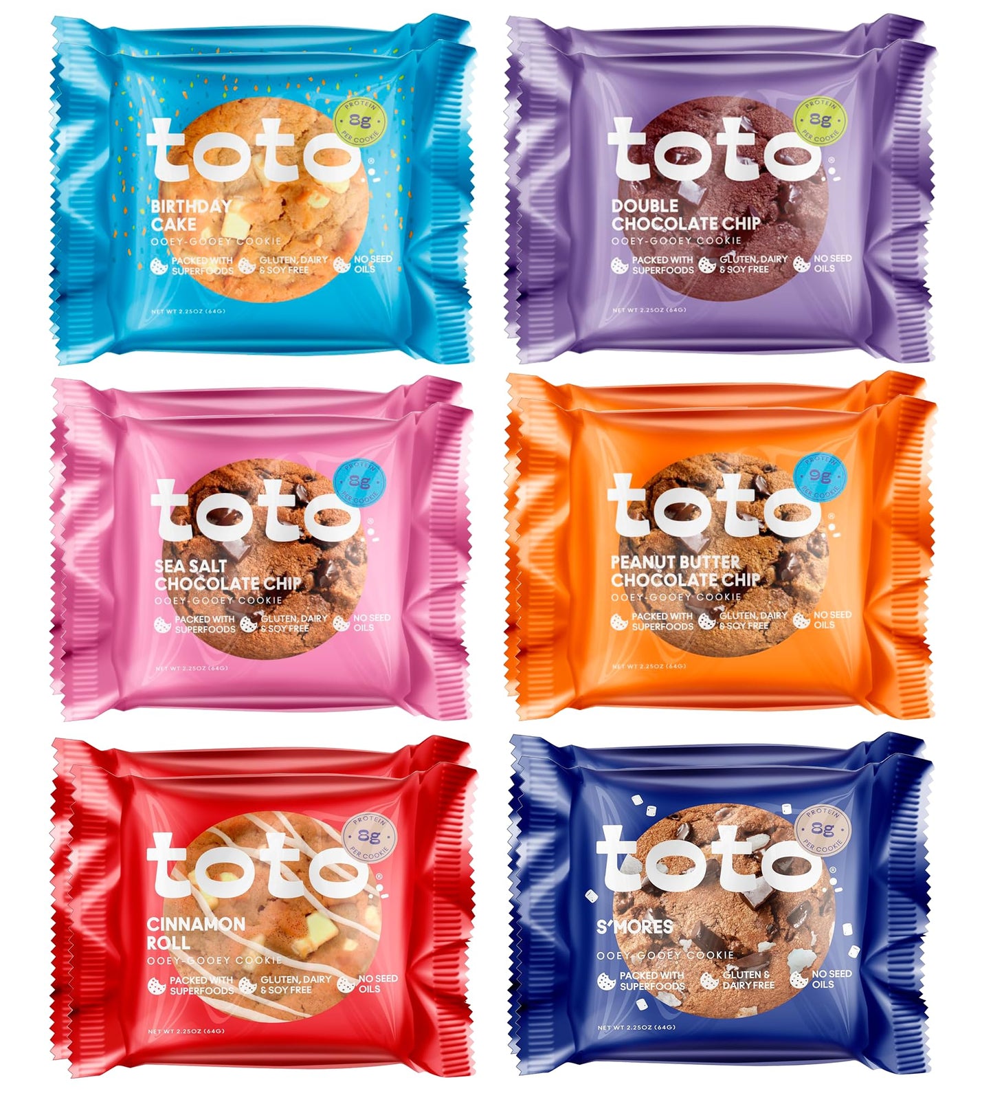 Kgf - Variety Pack Toto Gluten-Free Gooey Cookie 2 Birthday Cake 2 Double Chocolate Chip 2 Sea Salt Chocolate Chip 2 Peanut Butter Chocolate Chip 2 Cinnamon 2 SMores 2.25Oz Multi Pack 12 Count