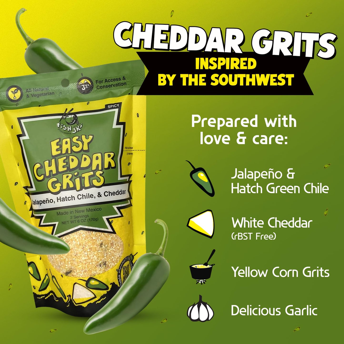 Jalapeno Yellow Corn Grits With Cheddar Cheese + Hatch Green Chile + Garlic, By Fishski Provisions, 6 Oz Bags, 6 Pack