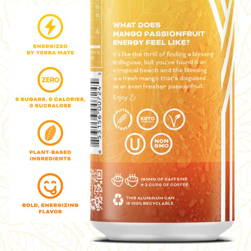 Yerbaé Mango Passion Fruit Functional Energy Drink - 0 Sugar, 0 Calories, 0 Carbs. Yerbae Is Energized By Yerba Mate, Plant-Based, Healthy Alternative To Sugary Energy Beverages, 16Oz Cans (12 Pack)