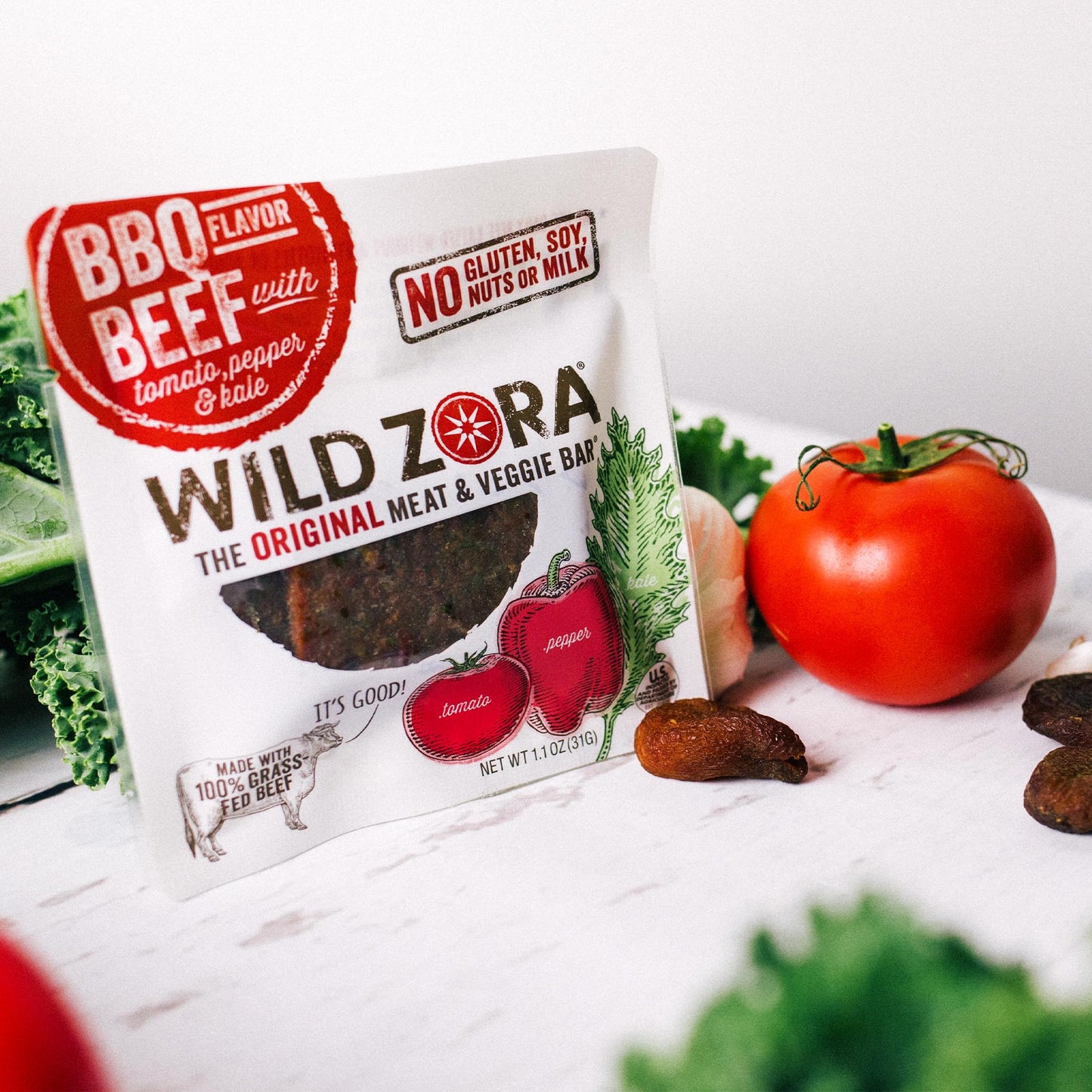 Wild Zora Meat & Veggie Bars, Bbq Beef, 10-Pack, 100% Grass Fed Beef, Healthy Jerky Paleo Snacks With Veggies, Gluten Free, Soy