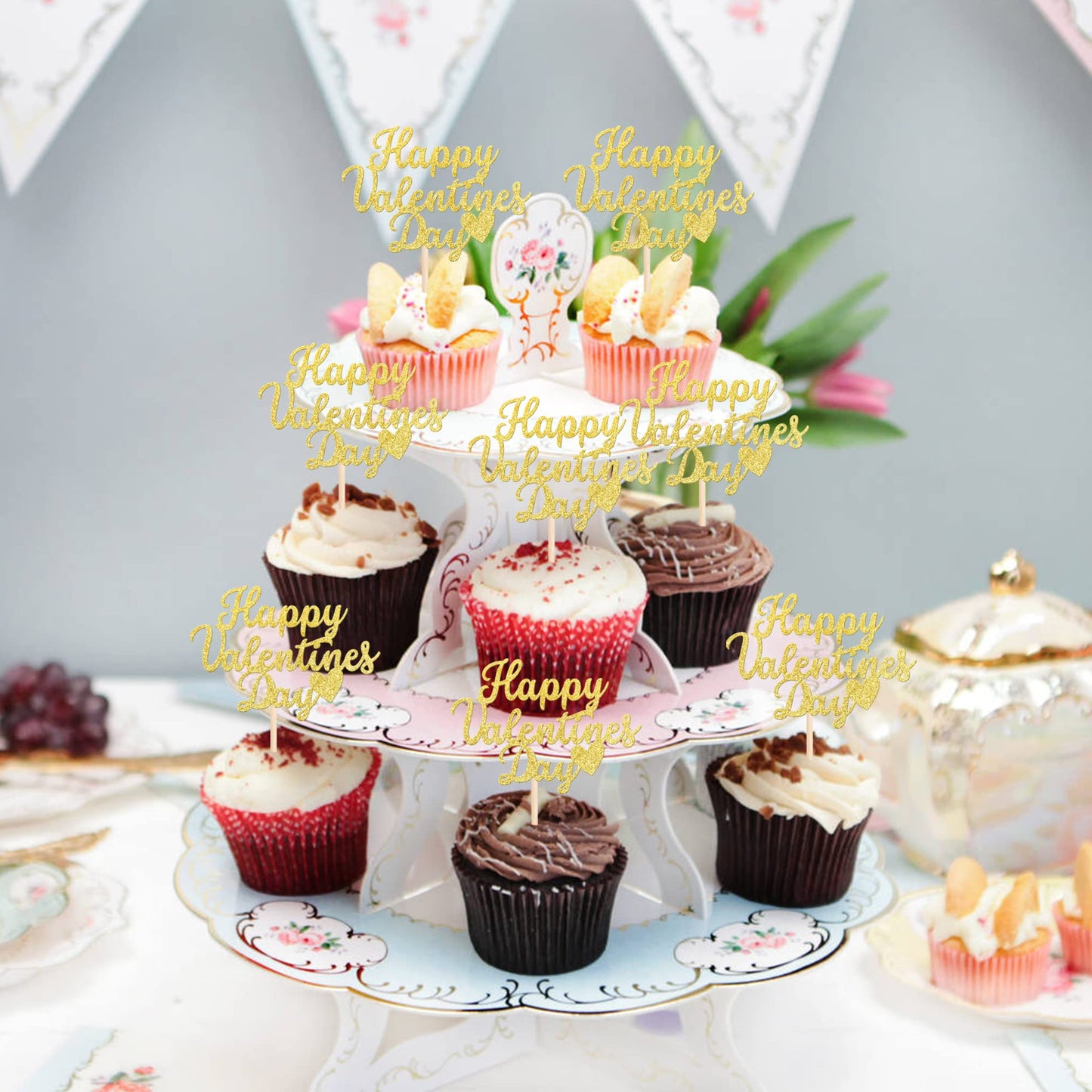 24 Pcs Happy Valentine'S Day Cupcake Toppers Glitter Sweet Love Be Mine Valentines Cupcake Picks For Valentine'S Day Theme Weddi