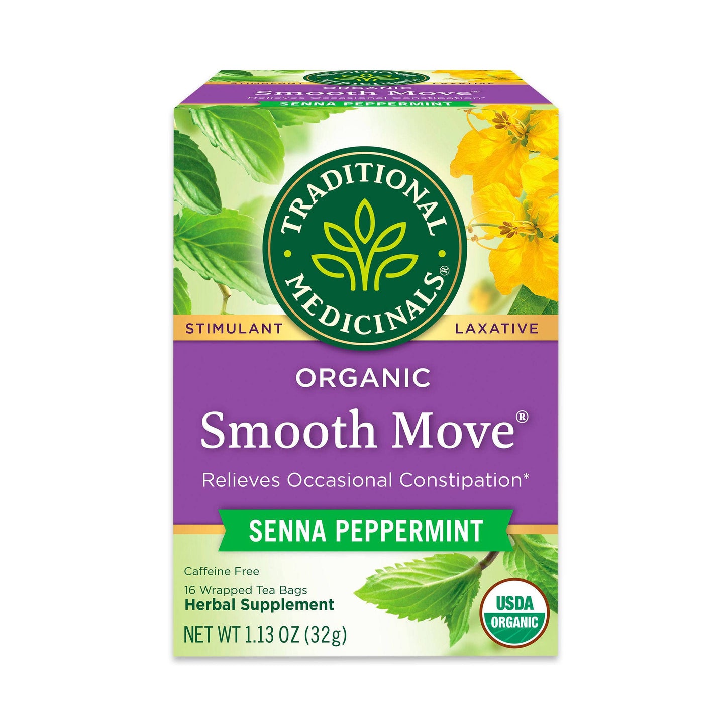 Traditional Medicinals Organic, Smooth Move Tea, Peppermint & Senna - Helps Relieve Constipation Overnight - Kosher, Non-GMO, Caffeine-Free, Compostable - 16 Tea Bags