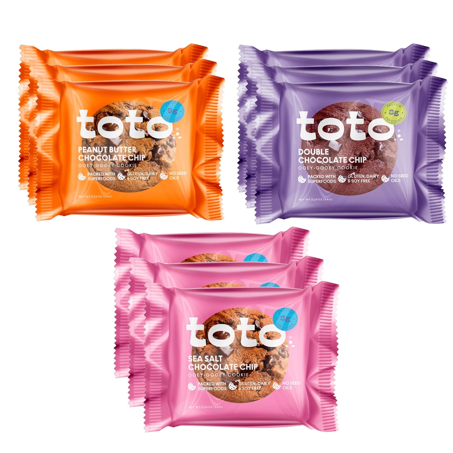 Kgf - Variety Pack Toto Gluten-Free Gooey Cookie Peanut Butter 3 Double Chocolate 3 Seasalt Chocolate 3 2.25Oz Pack Of 9