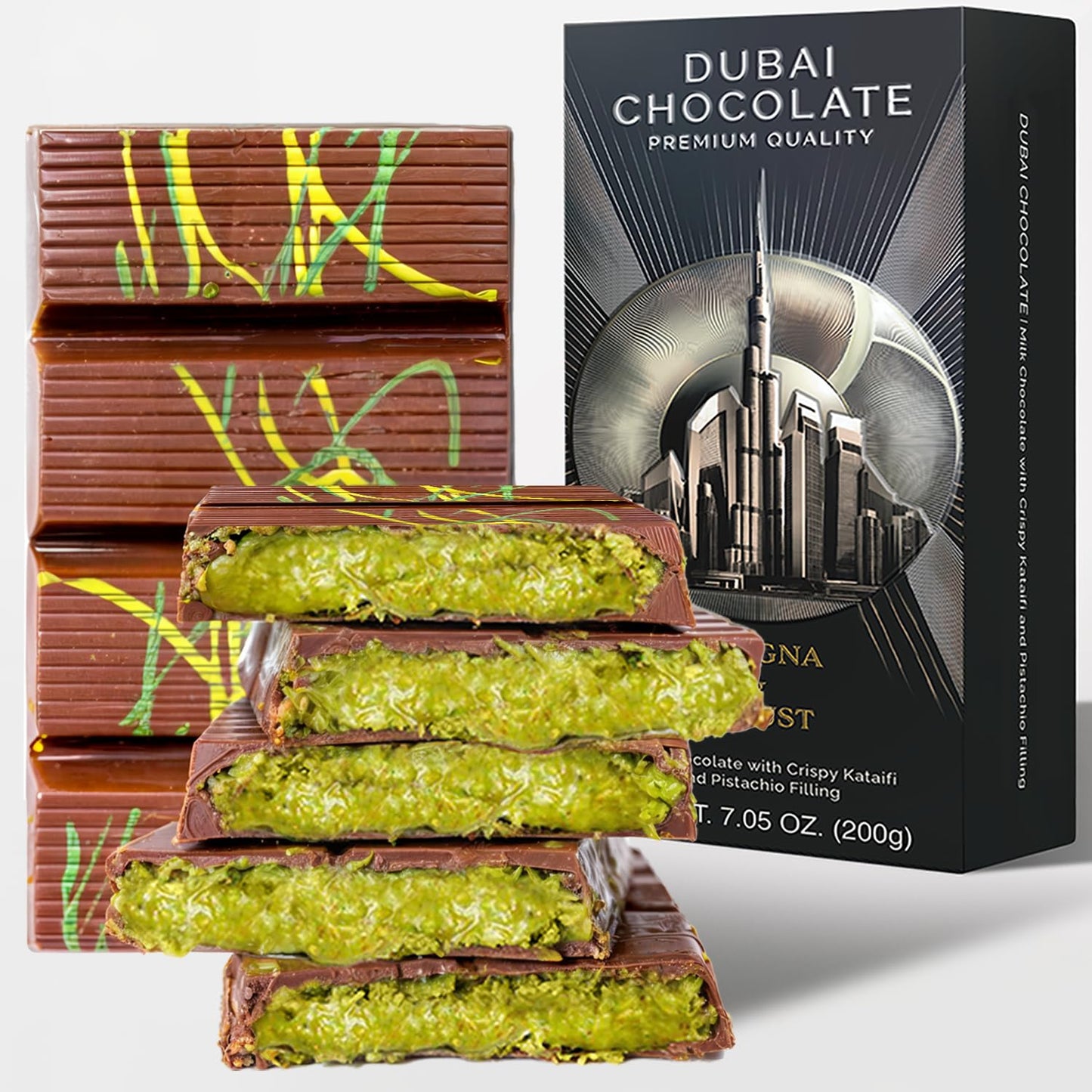 Dubai Chocolate Bar Pistachio I Viral Chocolate Bar with Pistachio Cream and Kataifi 7.05 oz (200gr)