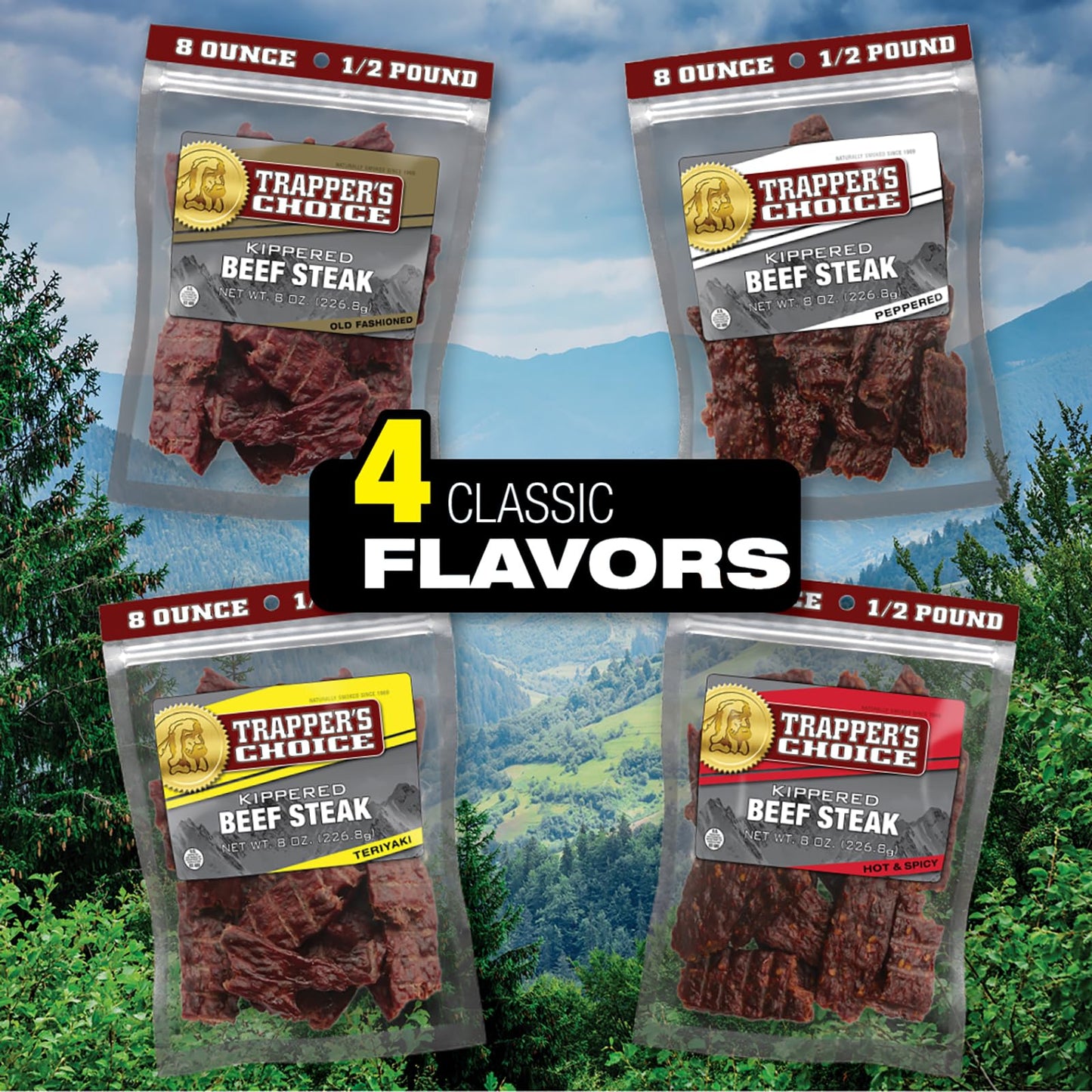 Old Trapper, Trappers Choice Peppered Kippered Steak, Eight-Ounce Individual Package, Spicy Meat Snacks, 11 Grams of Protein an