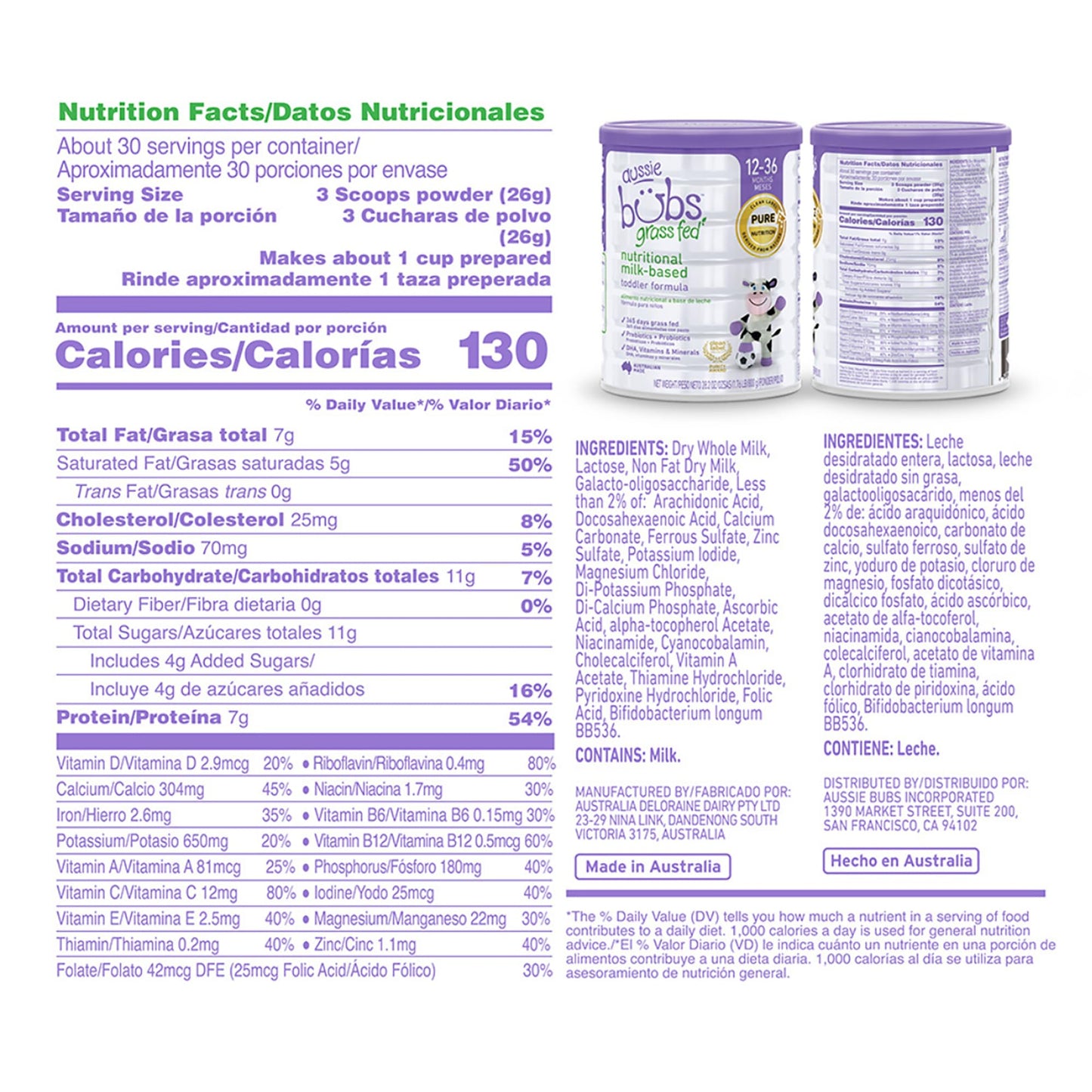 Aussie Bubs Grass Fed Nutritional Milk-Based Toddler Formula, For Kids 12-36 Months, Made With Non-Gmo Organic Milk, 28.2 Oz