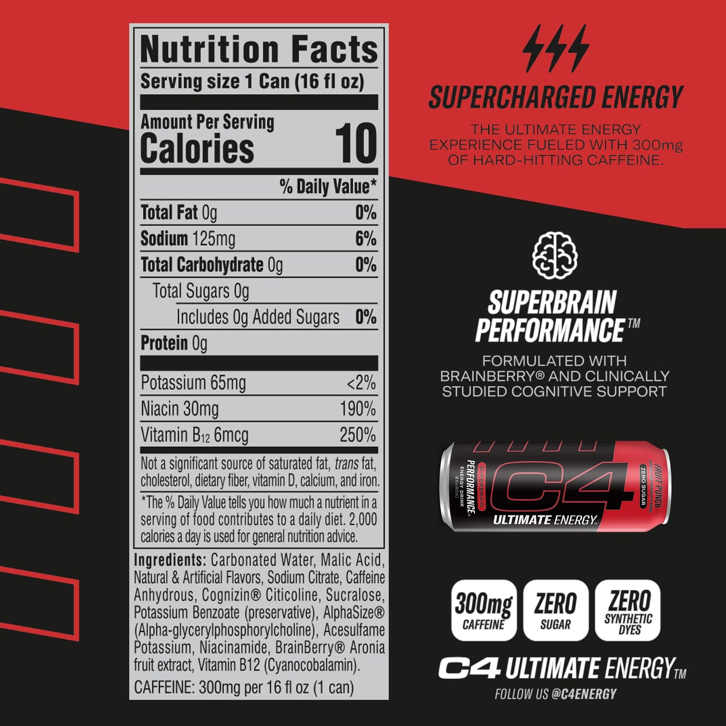 C4 Ultimate | 300mg Caffeine Sugar Free Energy Drink | Fruit Punch | Pre Workout Performance Drink | 16oz (Pack of 12)