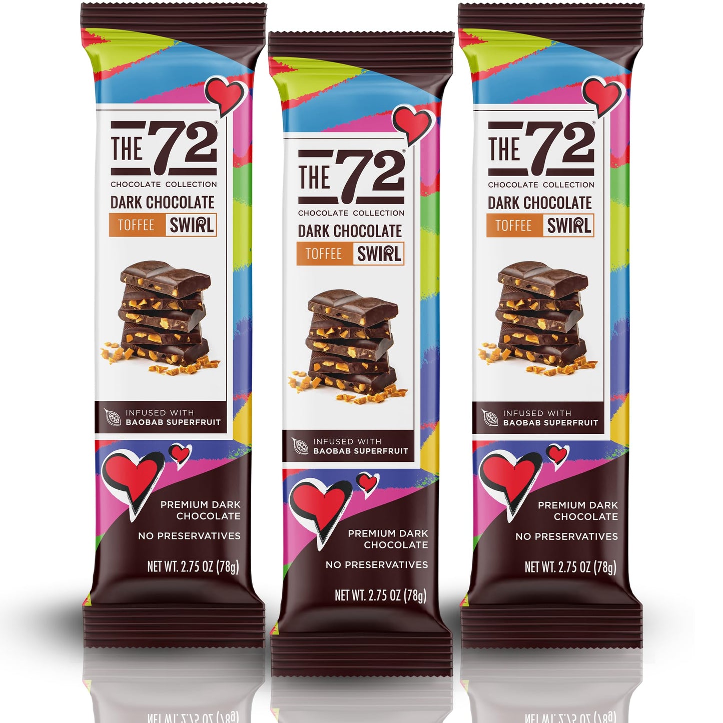 The 72 Chocolate Collection Swirl 72% Dark Chocolate Toffee Bars | 2.75 Oz Bars (Pack Of 3) | Top-Grade Baobab Infused Treat | Gluten Free Non Gmo Keto Friendly Snack