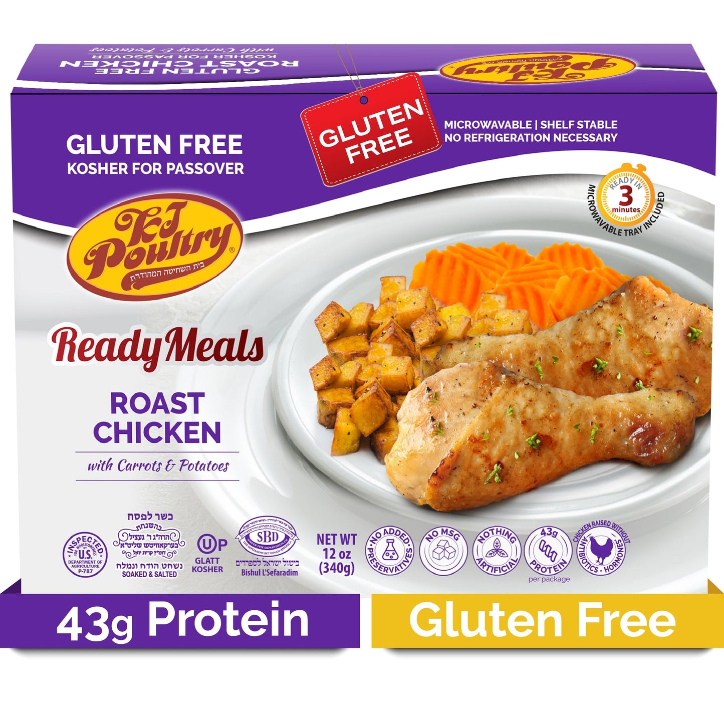 KJ Poultry Kosher for Passover Gluten Free Meals, Roast Chicken with Potato & Carrots, Halal, (1 Pack) Prepared Entree Fully Coo