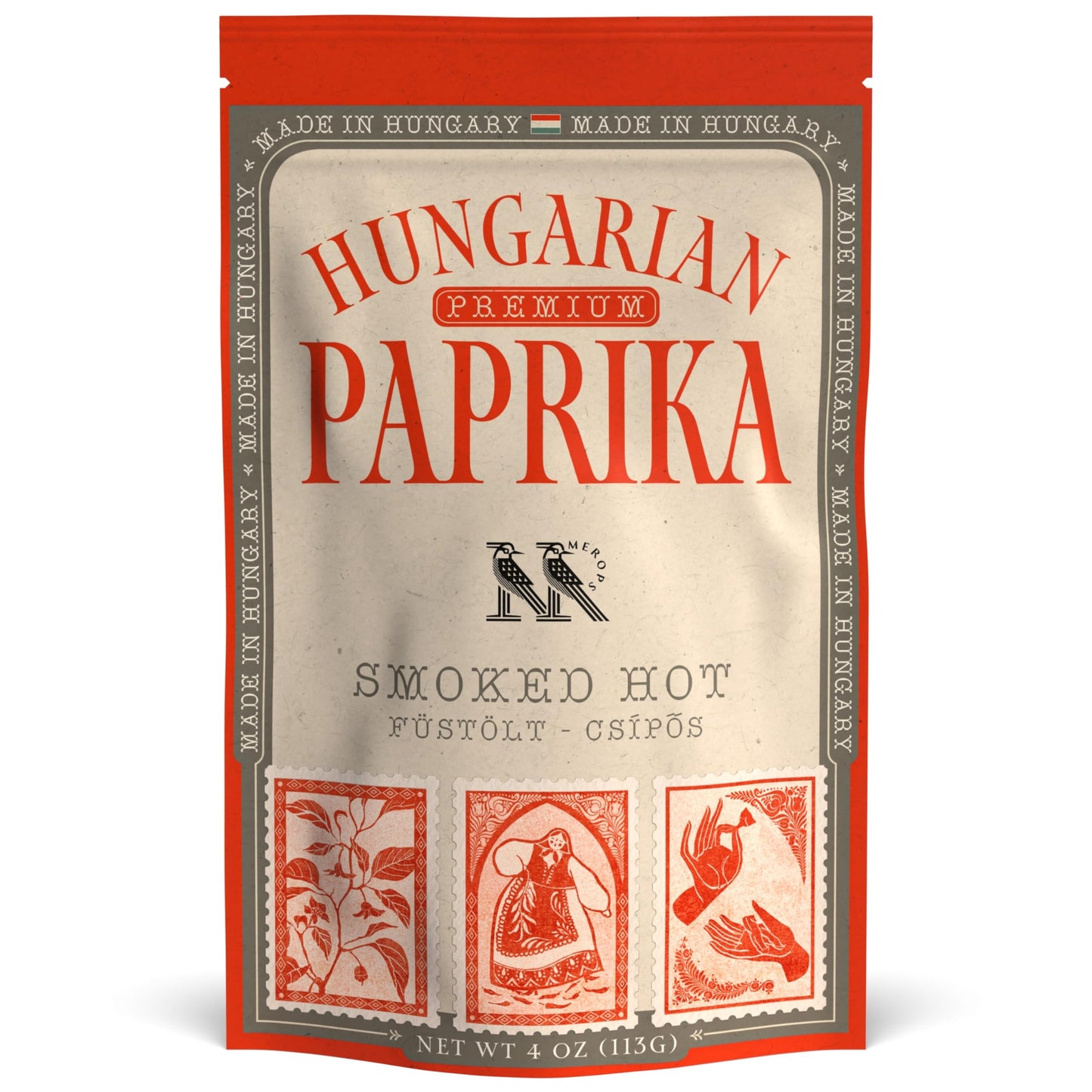 Top-Grade Rich Flavor Hot Hungarian Paprika Powder (4 Oz) - Non-Gmo - Vibrant Deep Red Color - Oriflavor Blend: Szeged Region Hungary - Authentic Seasoning Spice In Resealable Bag By Merops