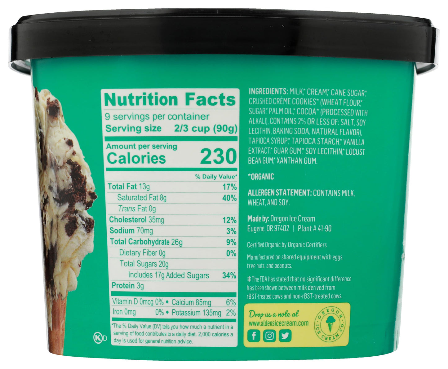 Aldens, Organic Cookies & Cream Ice Cream, 48 oz (Frozen)