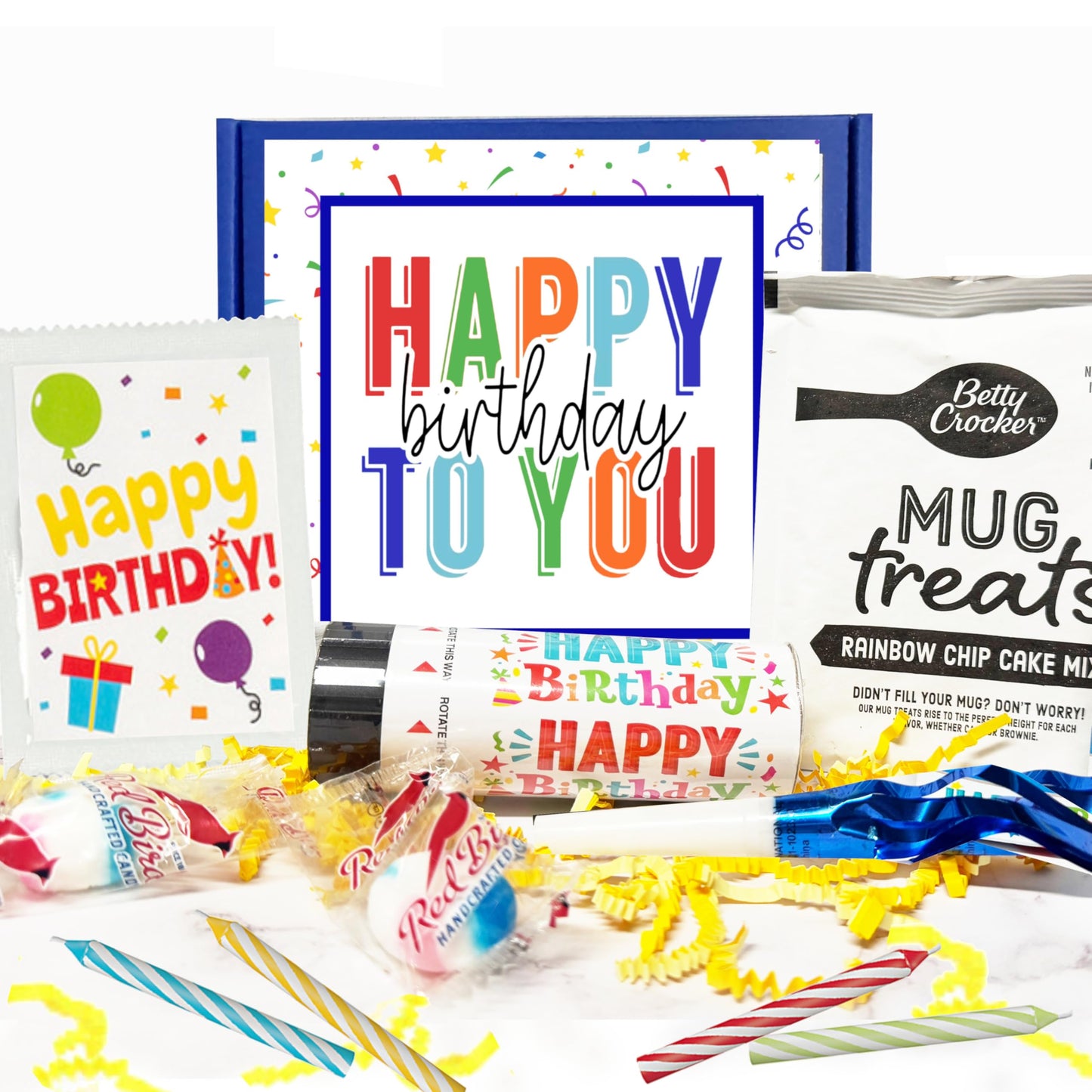 Birthday Box with Mug Cake Kit, Party Candles, Confetti Poppers, and Festive Treats - Complete Gift Set with Card, Mints, and Bi