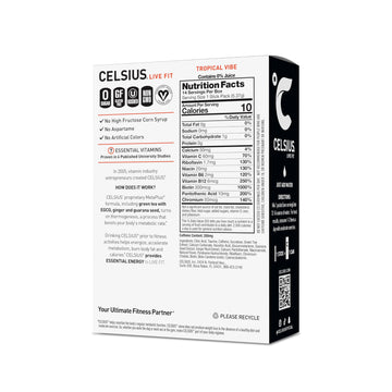CELSIUS On-the-Go Powder Sticks Tropical Vibe, Essential Energy 2.6 Oz (14 Sticks per Pack)