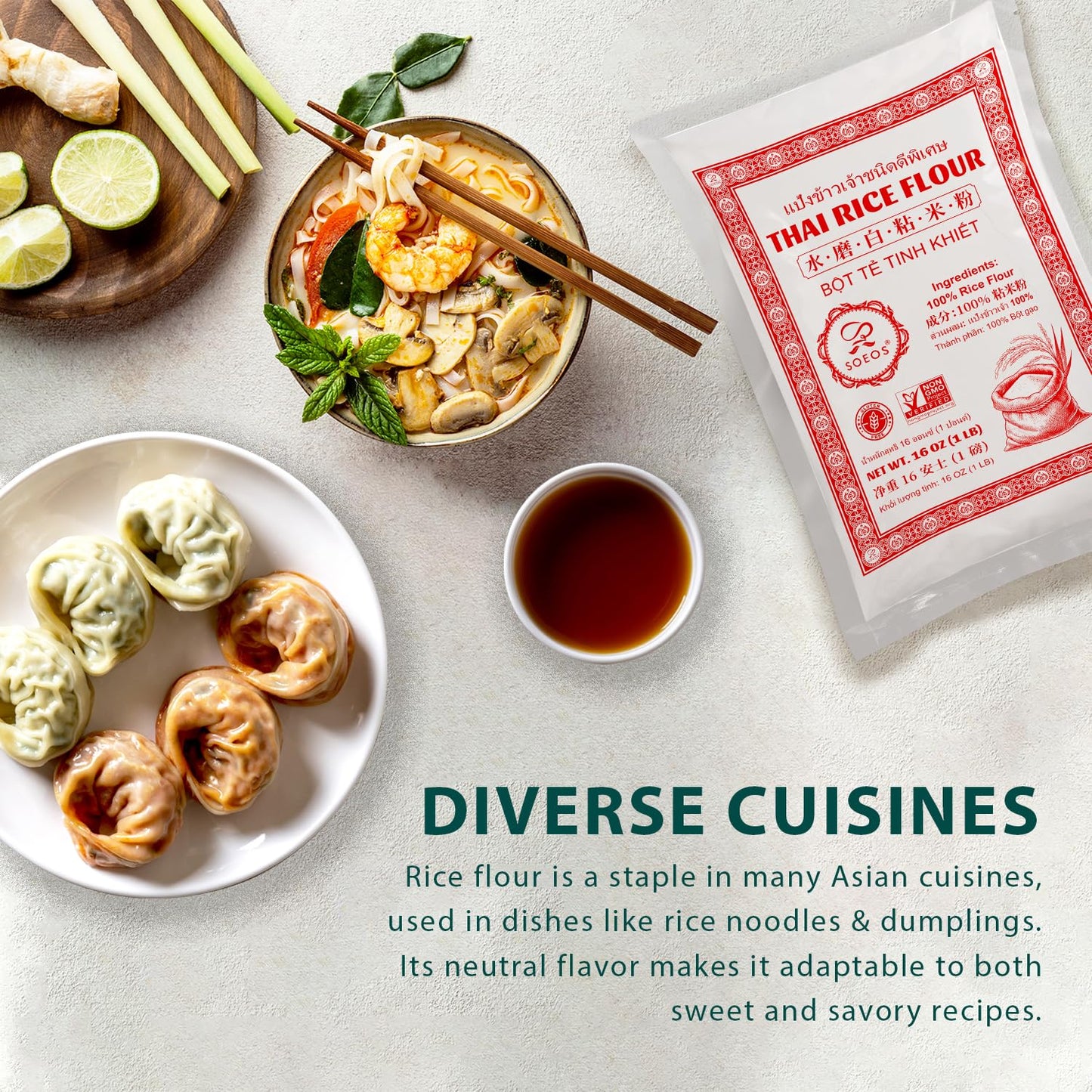 Soeos Thai Rice Flour 32 Ounce (Basic), Rice Flour For Baking Or Cooking, All Natural White Rice Flour For Sourdough Bread, Vega