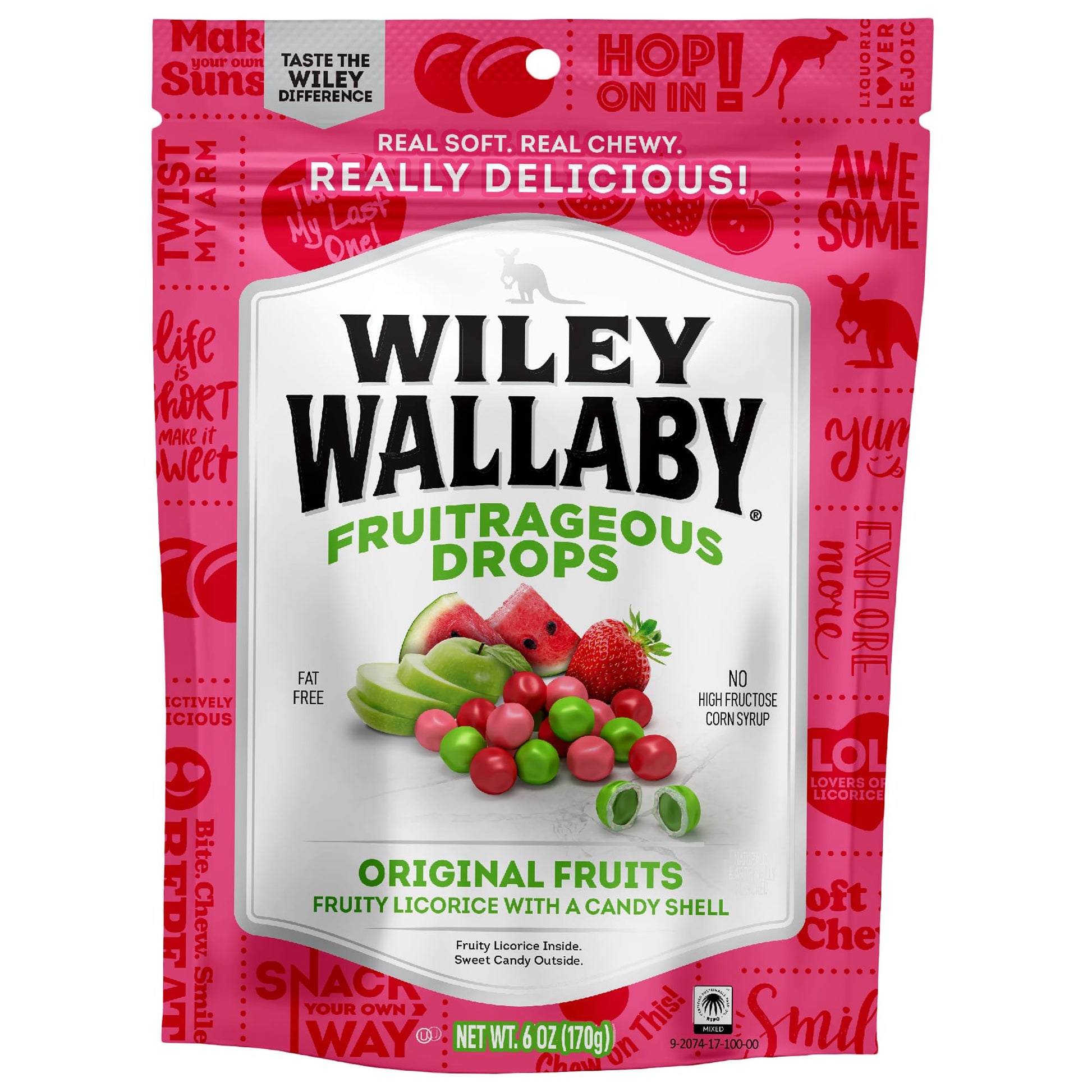 Wiley Wallaby 6 Oz. Fruitrageous Drops Original Fruits Gourmet Australian Style Soft & Chewy Licorice Candy Drops, 1 Pack