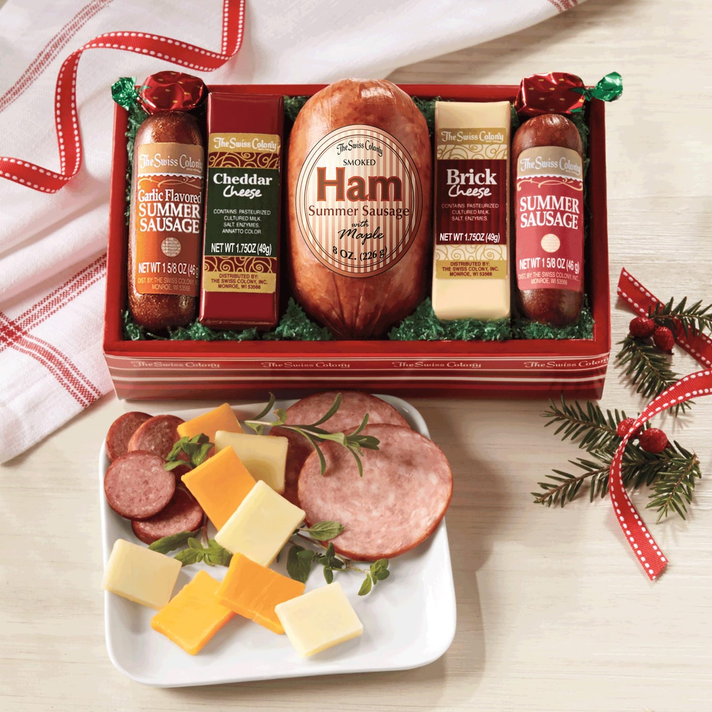 4 Holiday Gift Boxes - The Swiss Colony High 5 Food Bundle - Assorted Summer Sausages and Cheeses, Includes 4 Gift Boxes