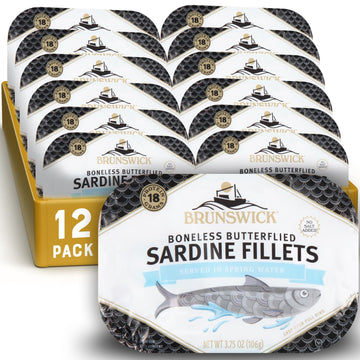 Brunswick Sardine Fillets In Water, 3.75 Oz Can (Pack Of 12) - Wild Caught Sardines In Spring Water- 18G Protein Per Serving - Gluten Free, Keto Friendly - Great For Pasta & Seafood Recipes