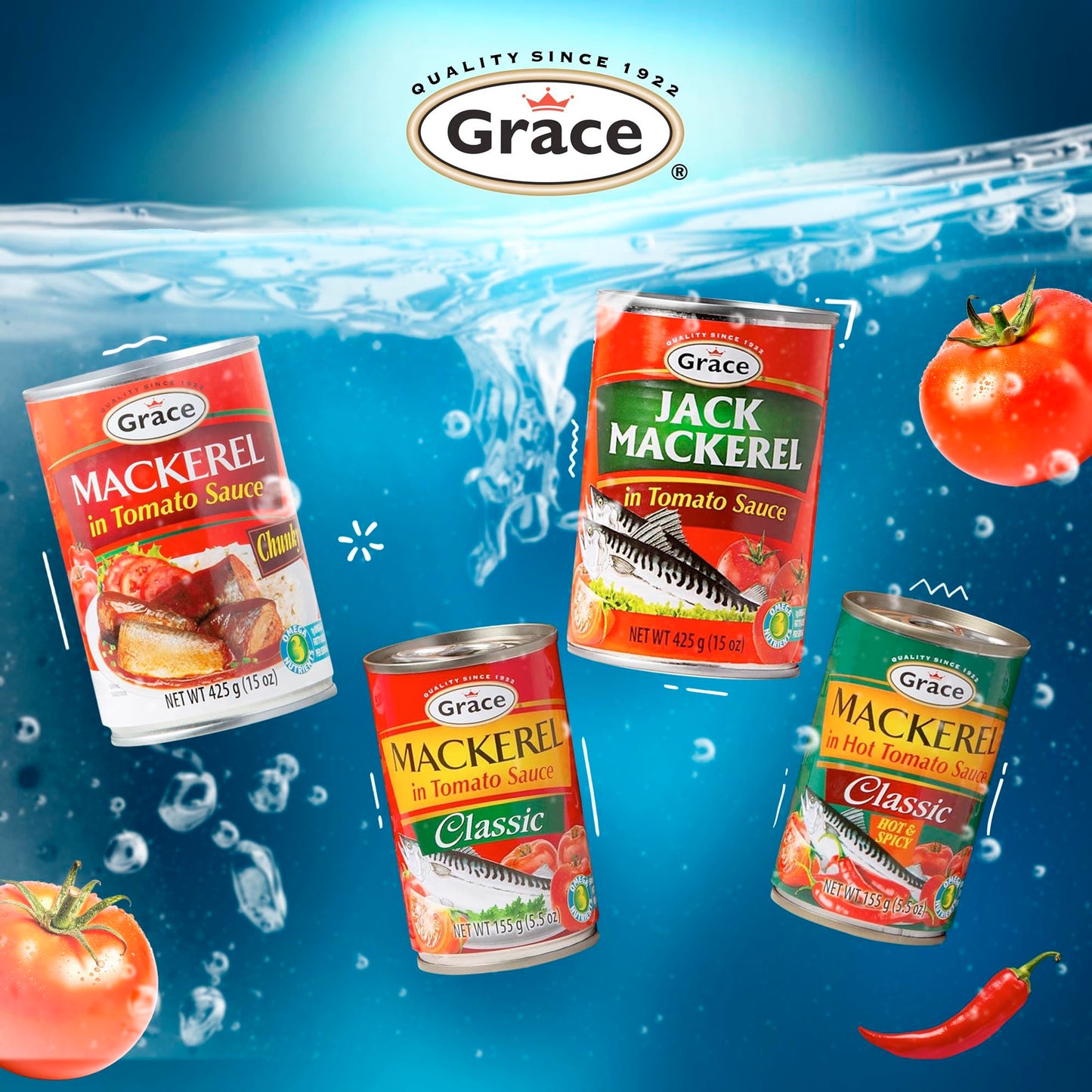 Grace Hot & Spicy Mackerel in Tomato Sauce, 5.5oz Canned Fish, Pack of 10