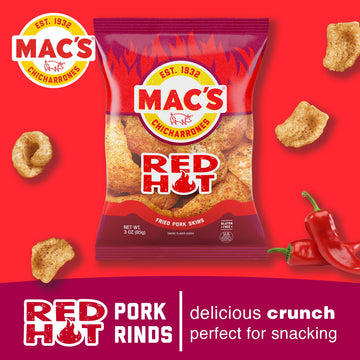 Macs Hot Fried Pork Skins - Hot Flavored Chicharrones Pork Rinds - Low Carb, Gluten-Free, Keto-Friendly Snack- 3oz (12-Pack)