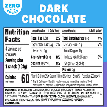 Jell-O Dark Chocolate Zero Sugar Ready-to-Eat Pudding Snack Cups, 4 ct Cups