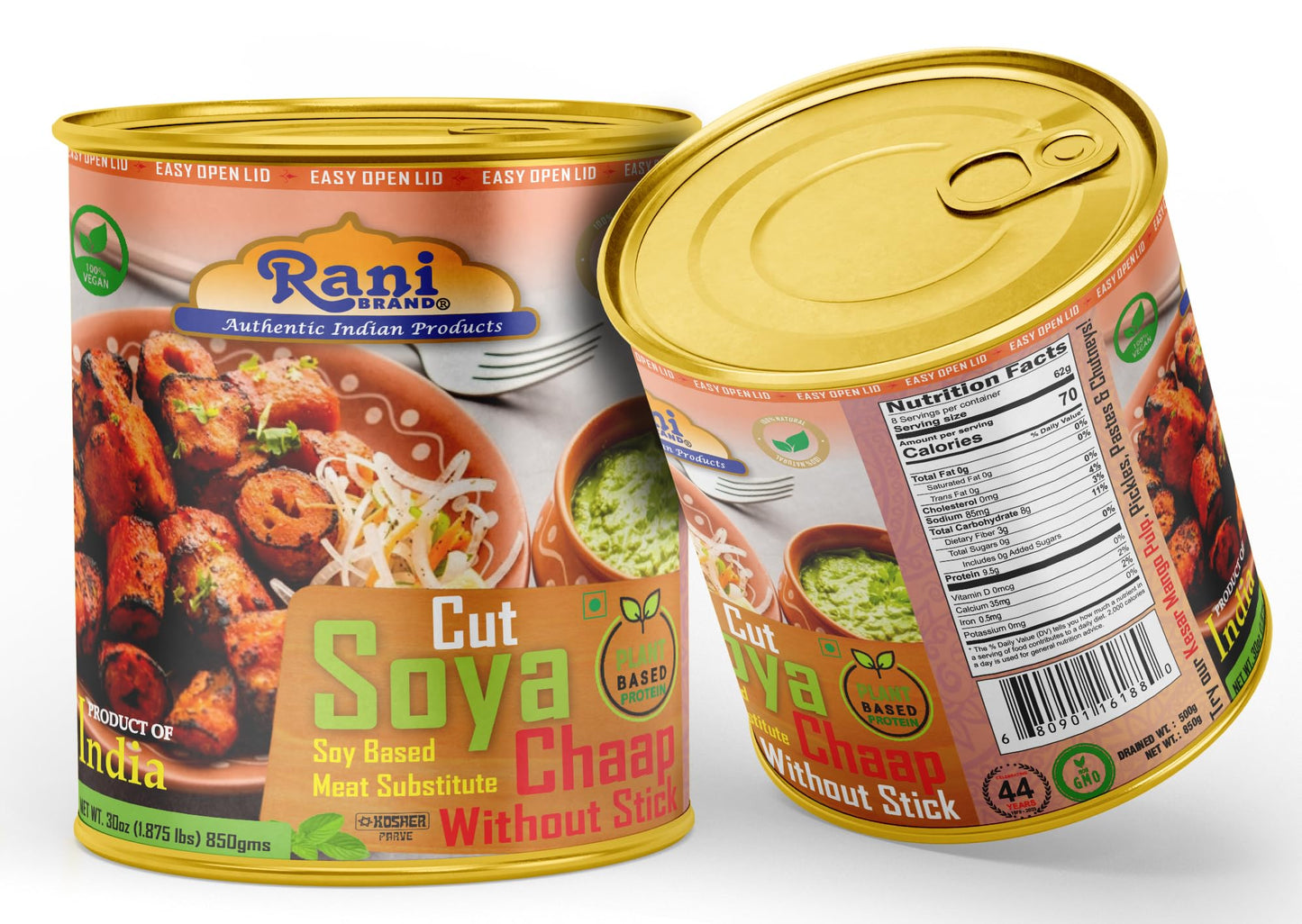 Rani Cut Soya Chaap Whitout Stick (Plant Based Protein) 30Oz (1.875Lbs) 850G, Pack Of 2 ~ Easy Open Lid | All Natural | Vegan |