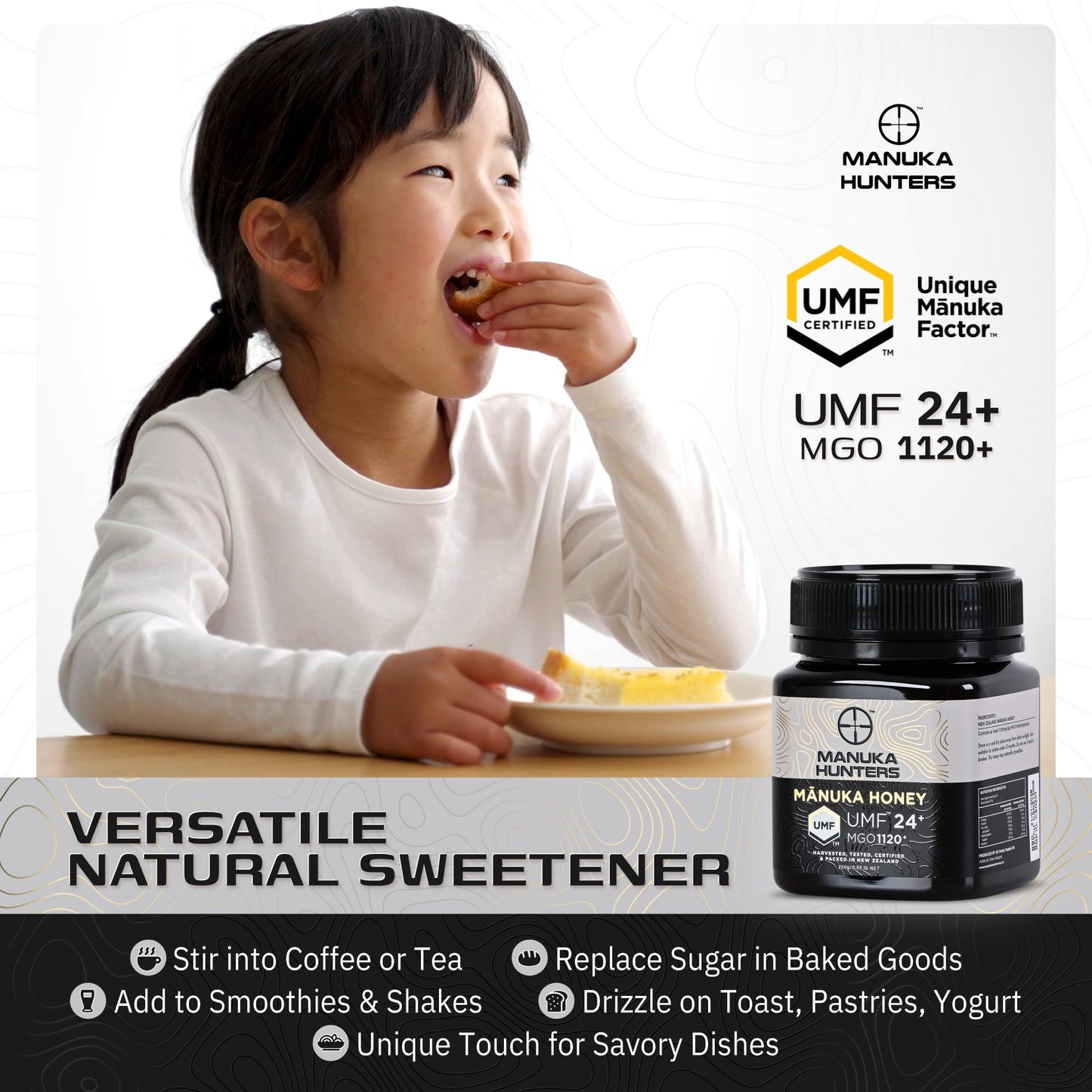Manuka Hunters Manuka Honey UMF 24+/MGO 1120+ - 100% Pure Natural Sweetener - 8.8oz Jar - Gluten & Dairy Free