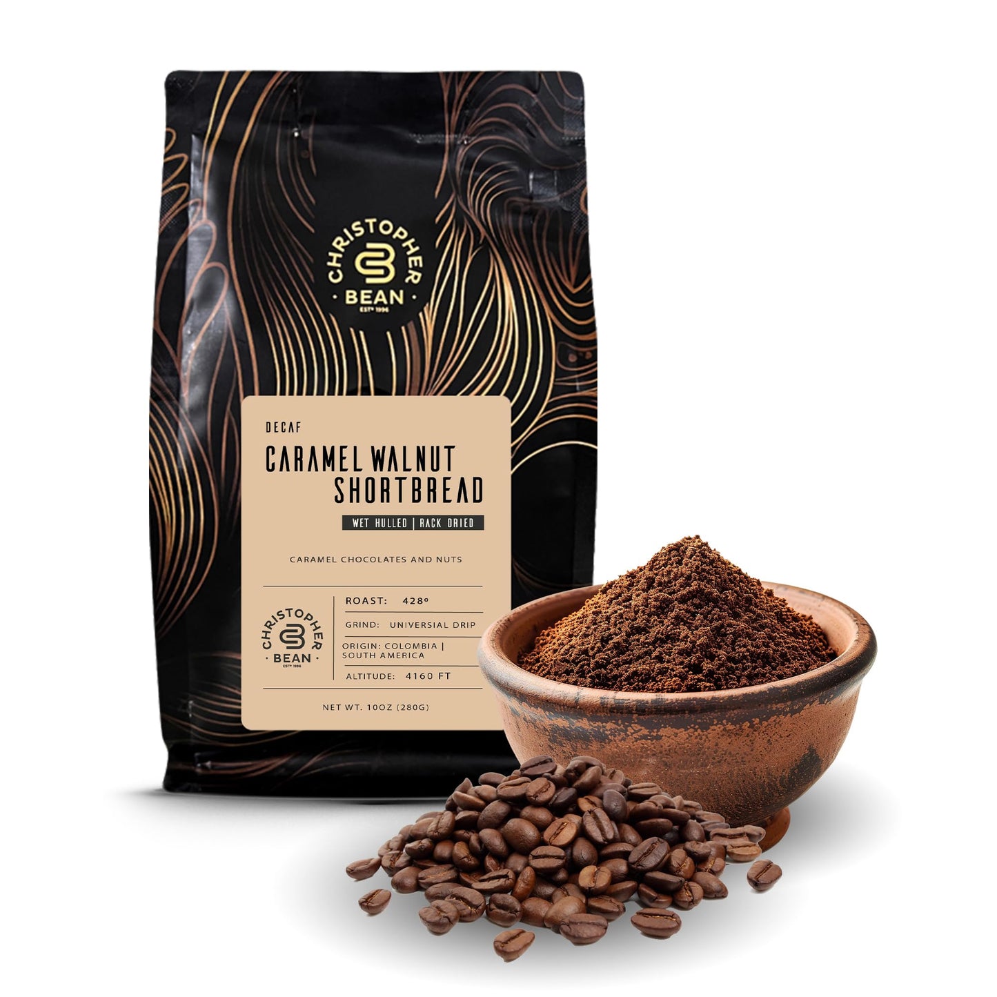 Christopher Bean Coffee - Certified Kosher - Decaf Ground Universal Drip Caramel Walnut Shortbread Flavored Coffee| Flavored Coffee With Medium Roast 100% Arabica No Sugar No Fats Non-Gmo | 10 - Ounce