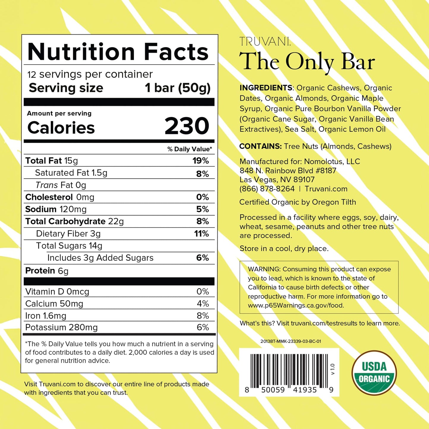 Truvani Plant Based Snack Bar | Lemon Bar 12 Pack | 6G Protein | Usda Organic And Vegan | The Only Bar | Dairy, Soy, And Gluten