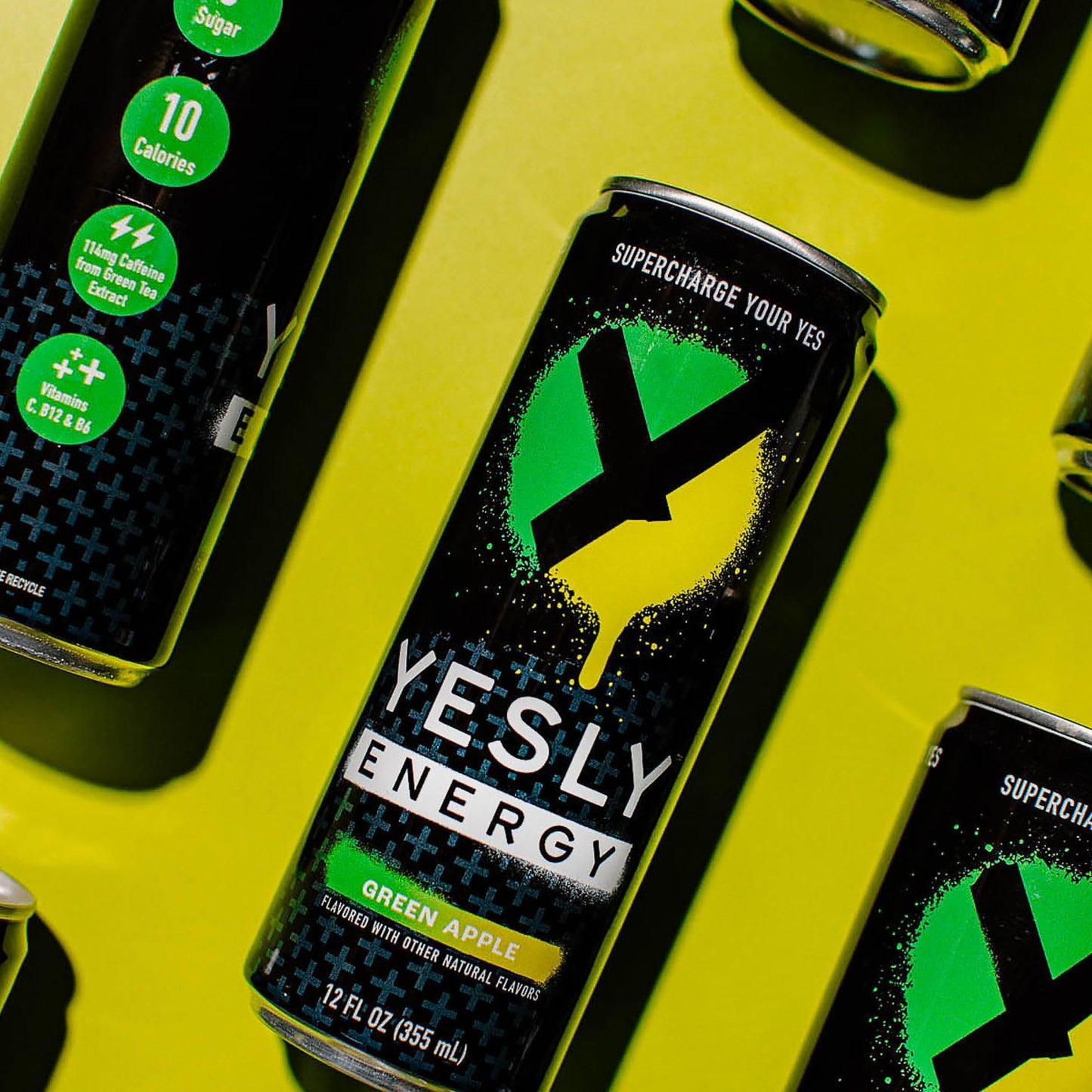 Yesly Energy - All Natural Clean Energy Drink - Zero Sugar Functional Energy Infused with Vitamins and Electrolytes - Green Appl
